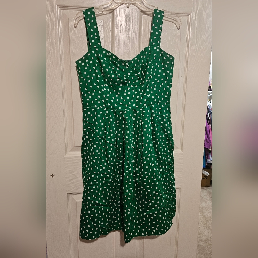 Donna Ricco Green w/White Polka Dot Cotton Sleeveless Flare Dress-Size 10